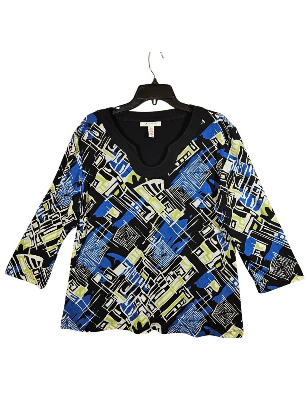 JM Collections Flowy Blouse Womens XL Black Blue Geometric Career Office date